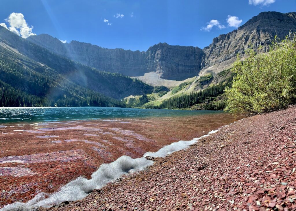 Red rock shore on the Bertha Lake trail - Waterton Lakes National Park