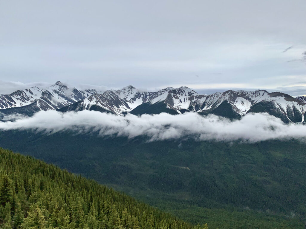 Moody mountain weather on the Sundance Range from Sulphur Mountain, Banff National Park