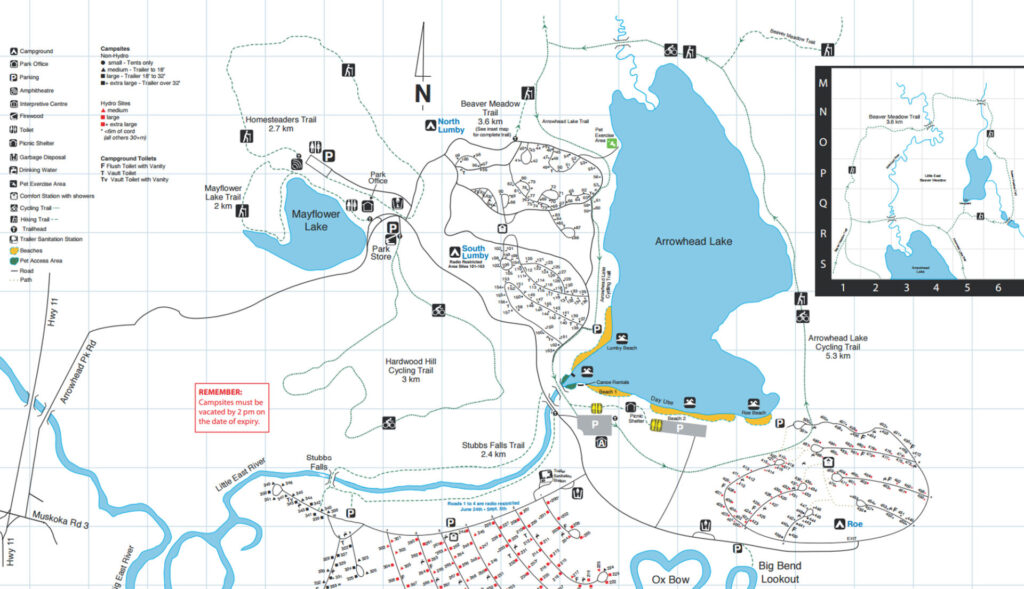 Arrowhead Provincial Park map for Stubb's Falls and Big Bend Lookout 