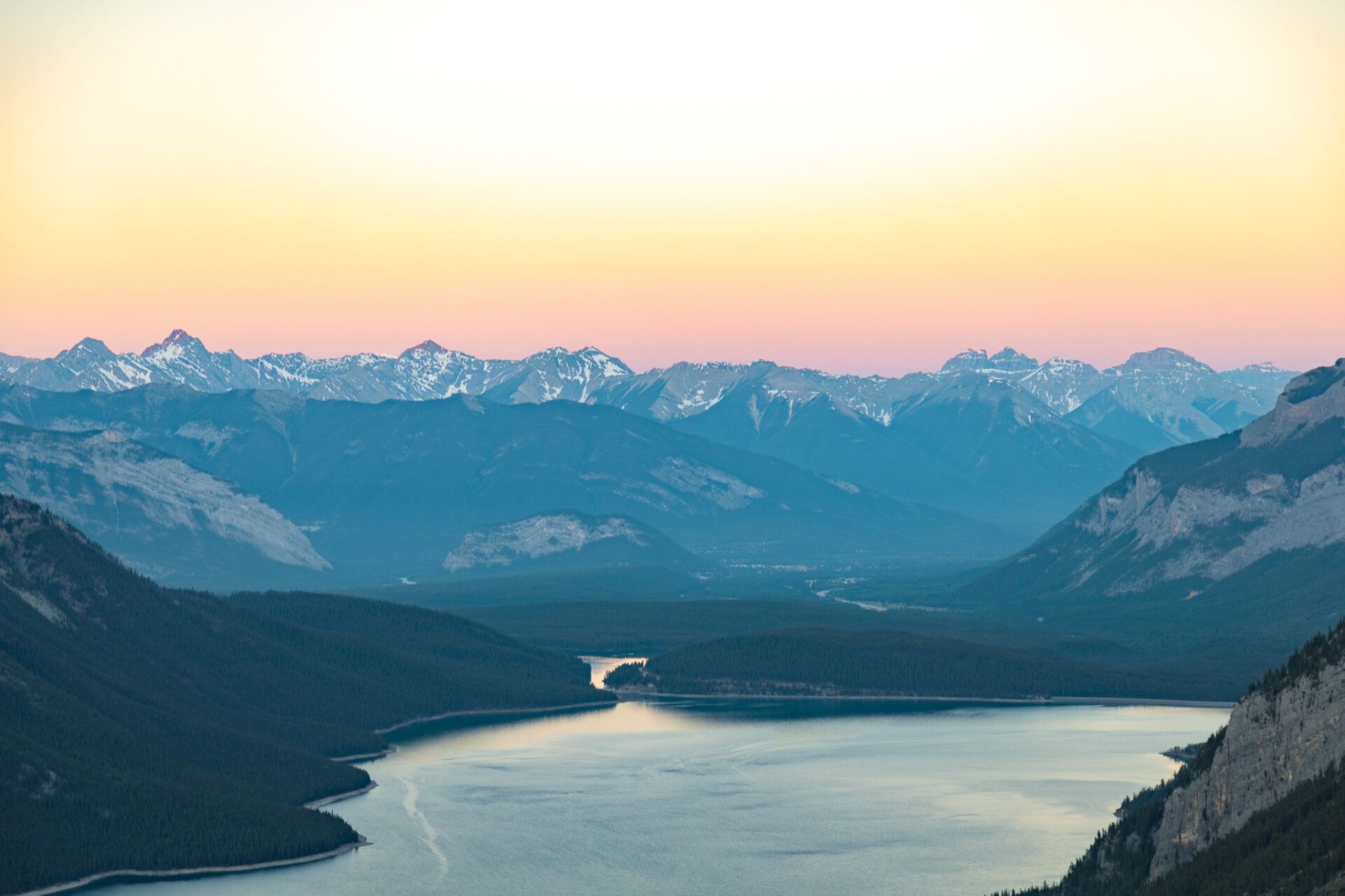 Sunrise from Aylmer Lookout over Lake Minnewanka in Banff