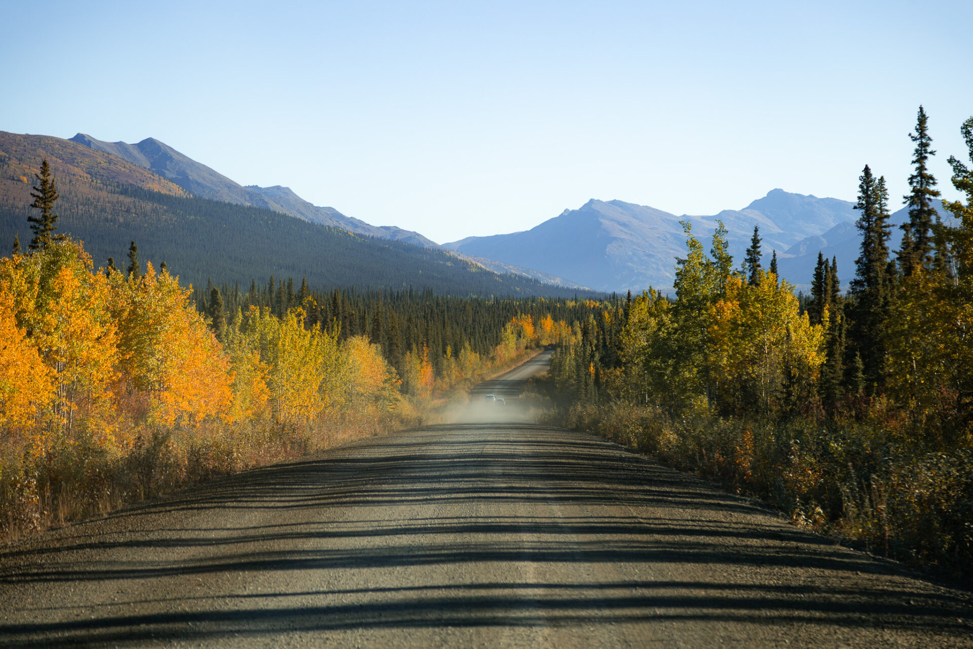 Dempster Highway in fall colours, Tombstone Territorial Park; permafrost northern highway