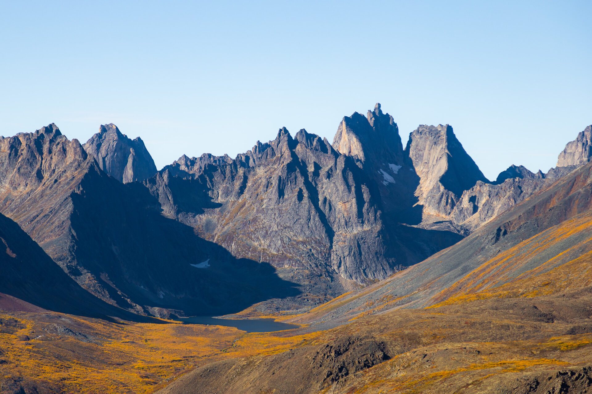 Grizzly Lake in fall/autumn. Yukon backcountry hike, Yukon fall colours, Tombstone Territorial Park, Tombstone Mountains in September